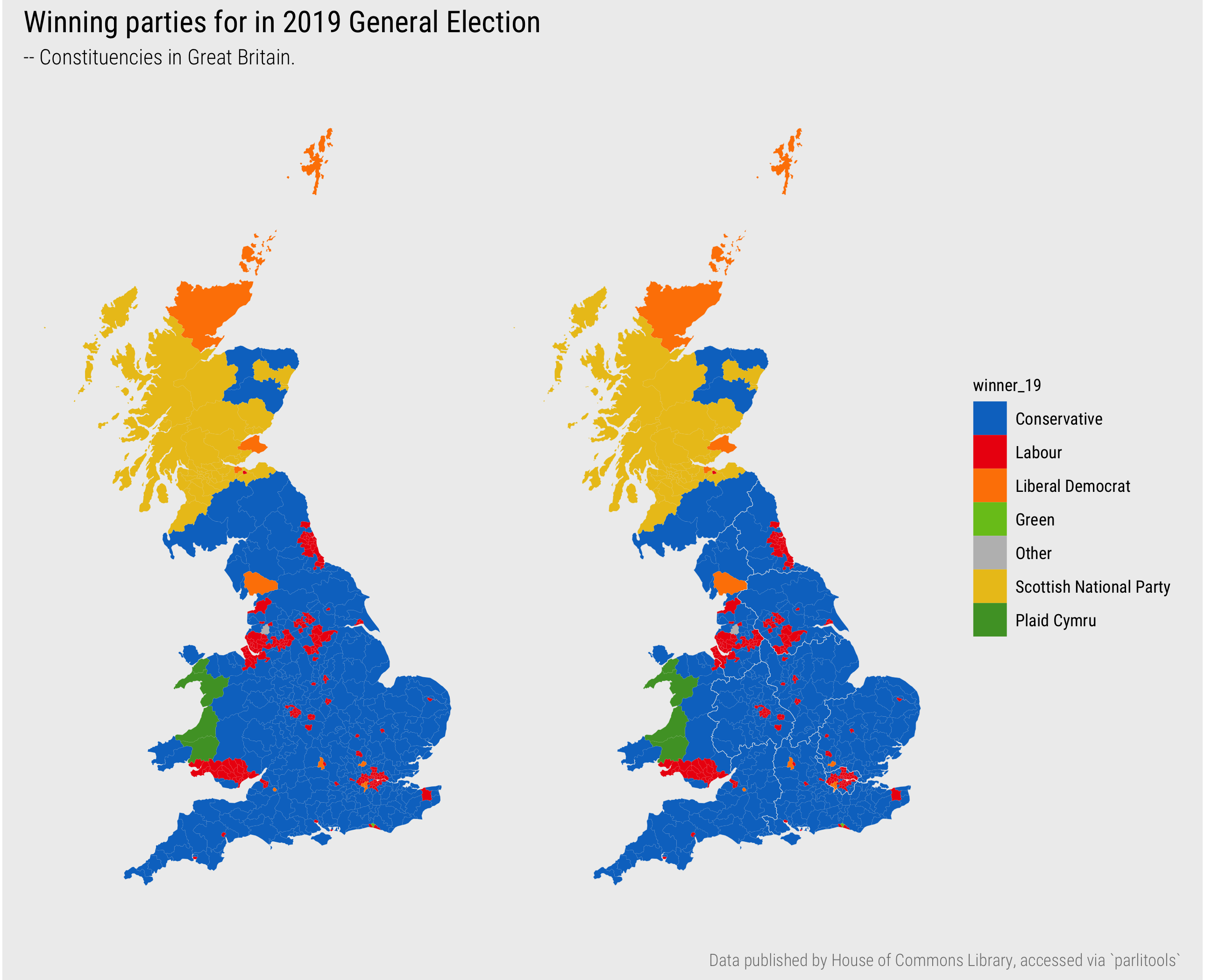 Choropleth of elected parties in 2019 General Election.