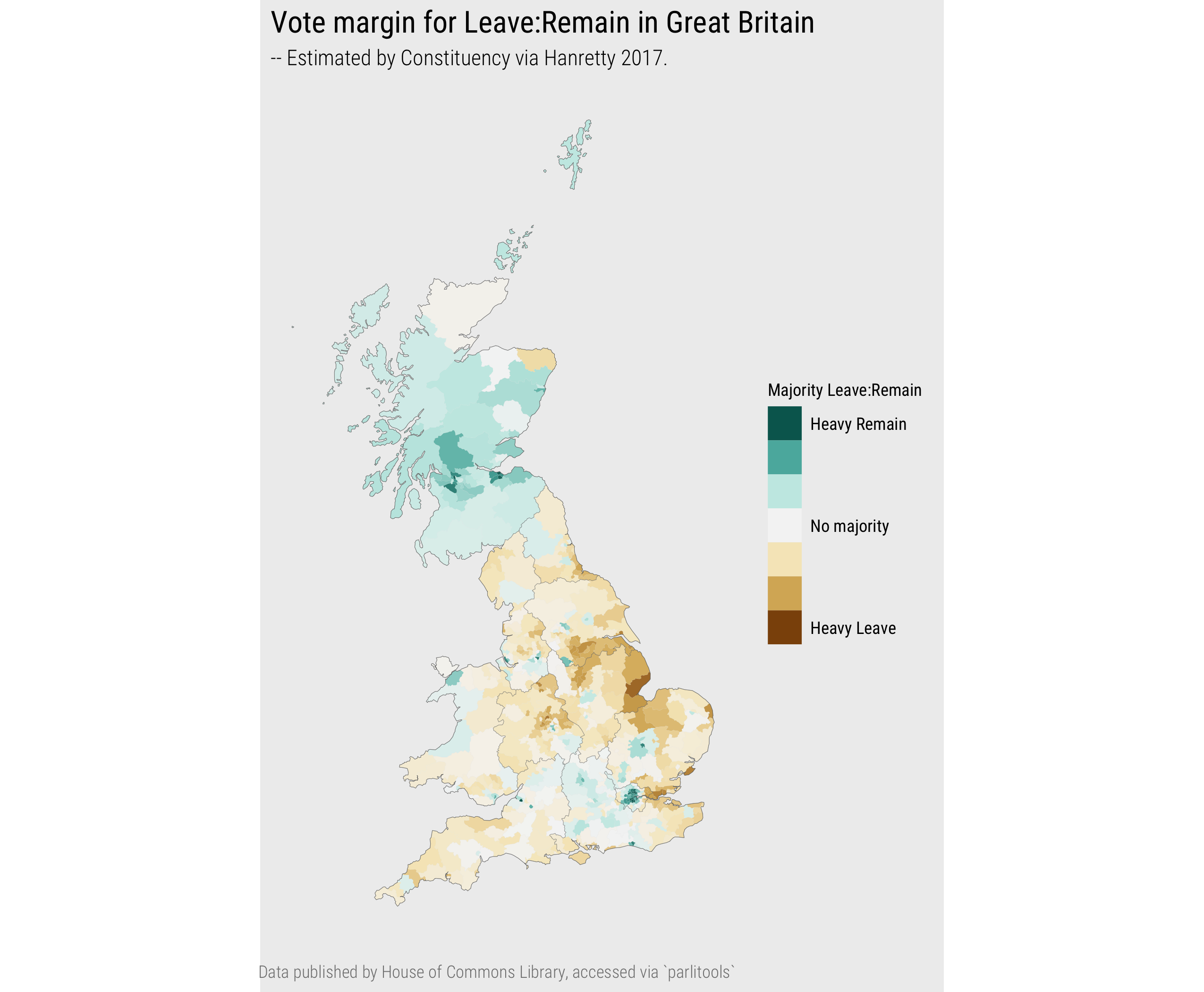 Map of 2016 EU Referendum vote, estimated by Parliamentary Constituency in GB.