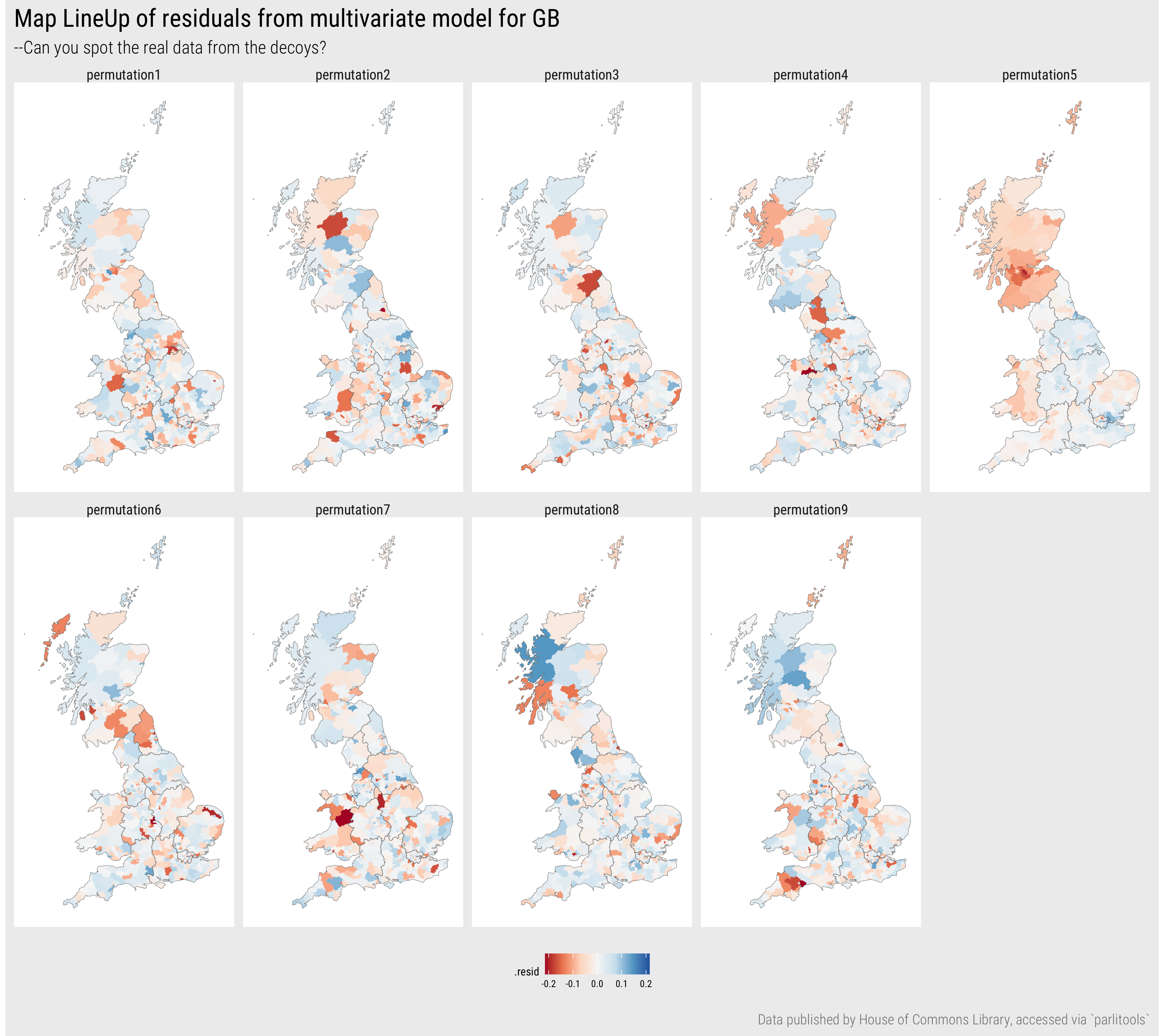 Map LineUp of residuals in which the ‘real’ dataset is presented alongside 8 decoy plots generated by randomly permuting the observed residuals around constituencies.