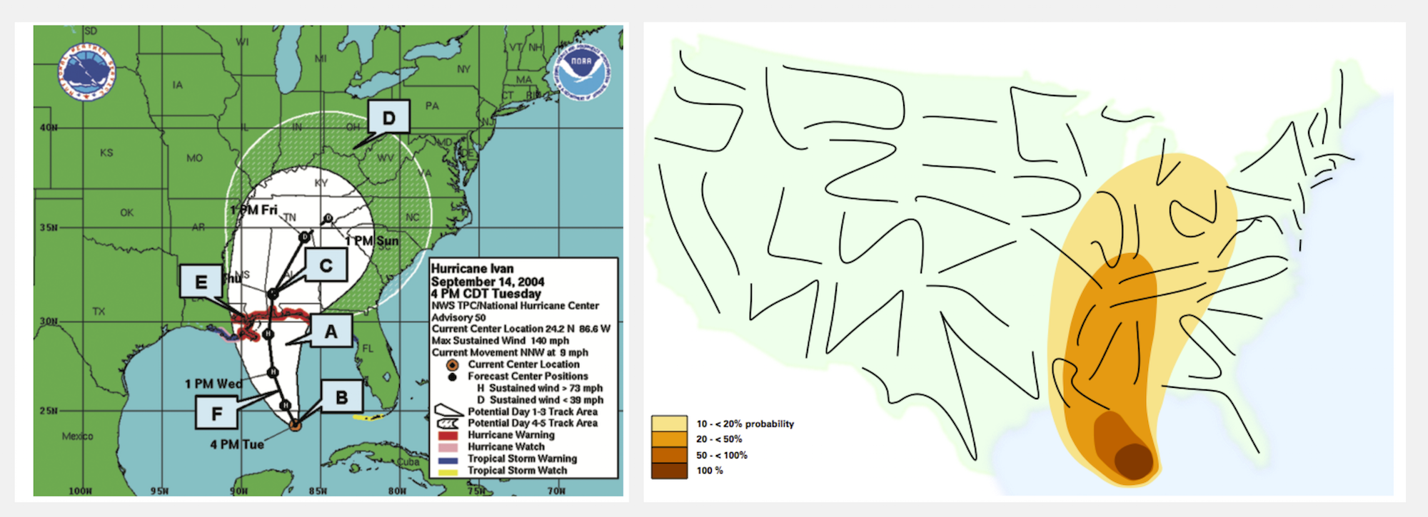 *Cone of Uncertainty* produced by [National Hurricane Center](https://www.nhc.noaa.gov/refresh/graphics_at1+shtml/030119.shtml?cone#contents) and example re-design by [Jo Wood](https://www.gicentre.net/jwo/index).