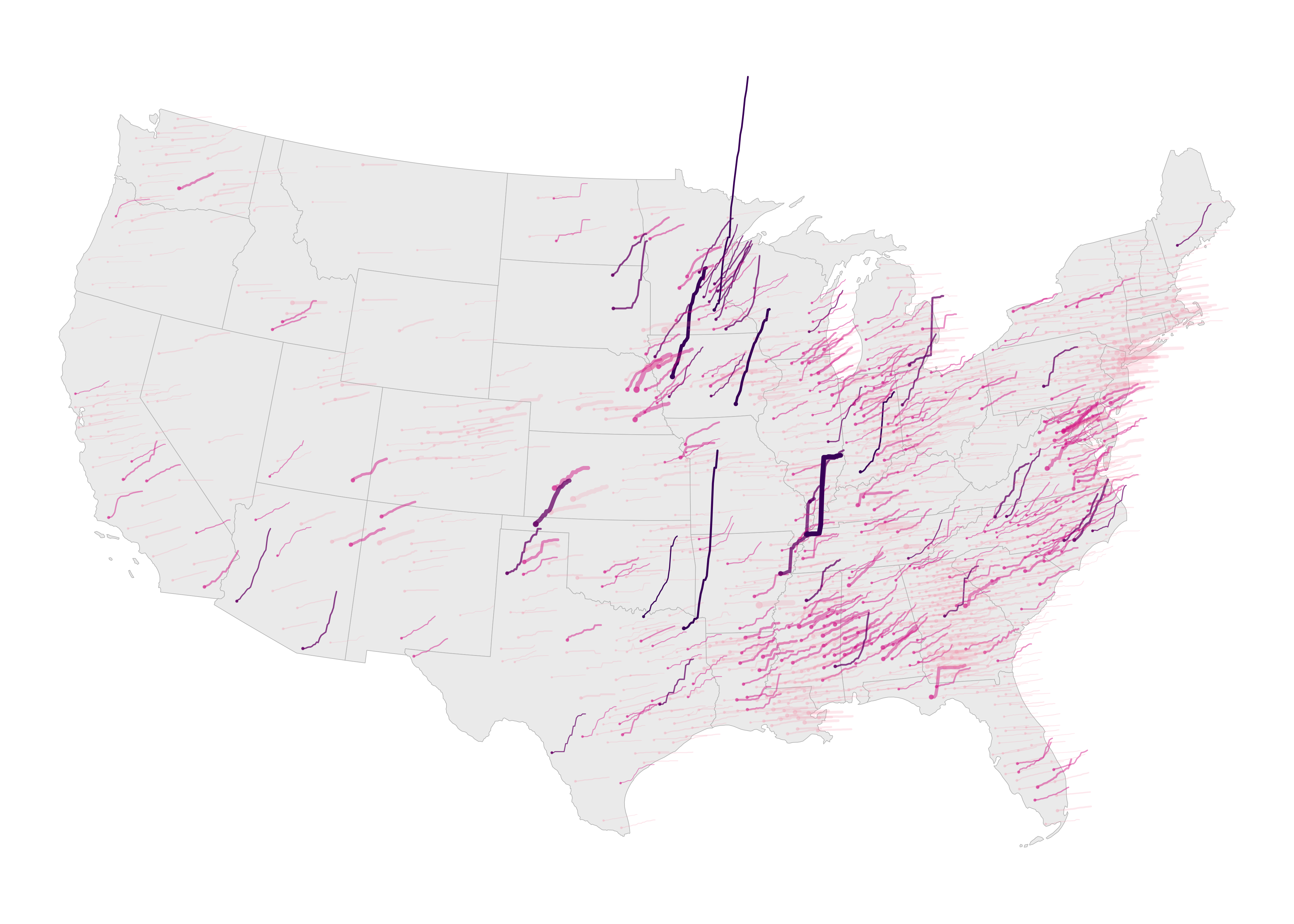 Glyphmap design displaying growth in COVID-19 cases by US county, without legend and annotations.